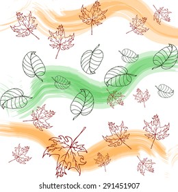 Pattern: autumnal leaves. Only contours. Orange and green background.