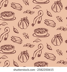 Pattern of autumn-themed illustrations featuring pies, pumpkins, scarves, and books