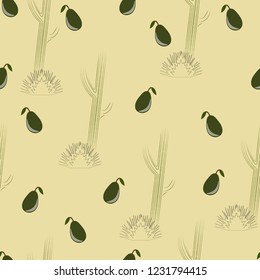 Pattern with avocado and cactus on yellow background. Vector illustration.