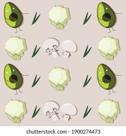 
Pattern. avocado cauliflower mushroom herb in vector illustration