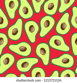 The pattern of avocado. Red background, lovely avocado. Healthy food. Good for printing postcards, textiles, packaging. Simple seamless pattern.