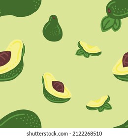 Pattern avocado. Seamless pattern with avocado. Good for fabric, kitchen potholders, mitts, aprons, tablecloths, coasters. Whole, half, pieces, leafs. Vector hand draw cartoon illustration.