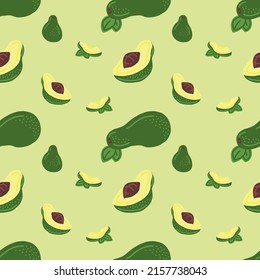 Pattern avocado. Seamless pattern with avocado. Good for fabric, kitchen potholders, mitts, aprons, tablecloths, coasters. Whole, half, pieces, leafs. Vector hand draw cartoon illustration.
