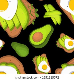 Muster mit Avocado Toast mit Rührei zum Frühstück. Gesundes Essen. Vektorgrafik.