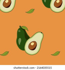 Pattern . Avocado tropical fruit on orange background.