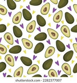 Pattern with avocado. Vector pattern with whole and half avocados and hearts.