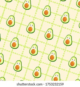 Ein Muster von Avocados , süßes kawaii Design. Vektorgrafik, handgezeichnet, mit veganischem Essen, japanische süße Skizze, Tapete auf gelbem Hintergrund mit Gitter