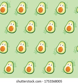A pattern of avocados with flowers , cute kawaii style design. Vector hand drawn illustration with Vegan food, Japanese cute sketch , wallpaper on a green background for packages
