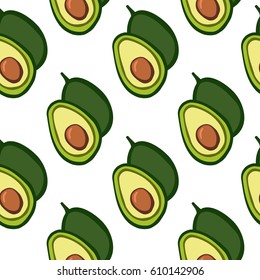 A pattern of avocados halved and whole on a white background. seamless