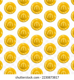 Pattern of Azerbaijani manat coins on transparent background with mini doodle (icons) and gold color. Vector Illustration