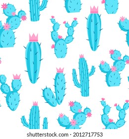Pattern of azure cacti with flowers and crowns, vector illustration. Seamless background with prickly cactus on white. Desert plants, template for wallpaper, fabric, textile and packaging.