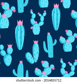 Pattern azure cacti, vector illustration. Seamless pattern with prickly desert succulents. Bright plants on a dark blue substrate. Template for wallpaper, packaging and design.