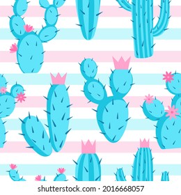Pattern of azure cactuses on a striped background, vector illustration. Seamless background with prickly cactus with pink flowers. Desert flowering plants, template for wallpaper, fabric, textile and