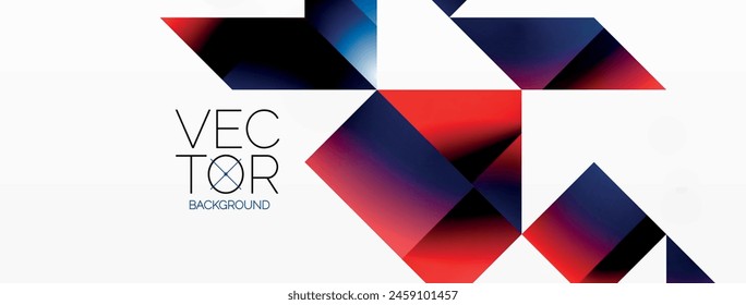 A pattern of azure, violet, and magenta shapes like rectangles and triangles create a geometric background with the word vector written in a stylish font