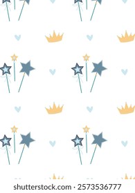 pattern for babies with magic wands and a crown on a white background