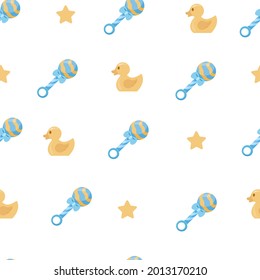 pattern for baby in blue shades of a rattle with a bow and a yellow duck