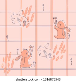 Pattern for baby clothes with cute rabbits.  Peach background.  Outline drawing.  Vector illustration.