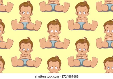 El bebé patrón en un pañal se sienta en un fondo amarillo. Ilustración del vector