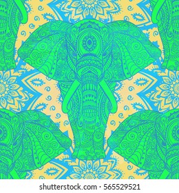 Pattern with baby elephant made in vector. Color ornamental illustration  for design, pattern, textiles. Use for children's clothes, pajamas and adult coloring book
