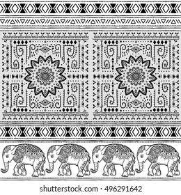 Patrón con elefante bebé y mandala hecho en Vector. Ilustración en color