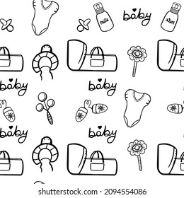 Pattern baby items, great design for any purposes in doodle style on white background.