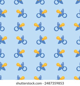 Pattern with baby pacifier in blue color. Vector seamless pattern for packages, backgrounds, postcards, banners in honor of the birth of a baby.