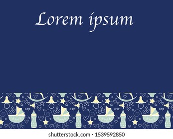 Pattern with baby products, contour icons. Stroller, toys horse for newborns.Colorful vector illustration can use for promotion, advertisement, with text; for kids themes, market and label design.