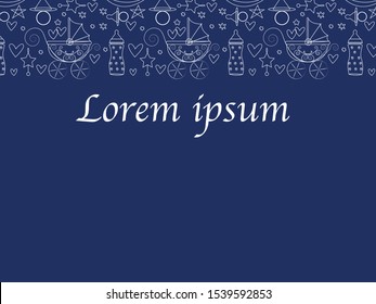 Pattern with baby products, contour icons. Stroller, toys horse for newborns.Colorful vector illustration can use for promotion, advertisement, with text; for kids themes, market and label design.