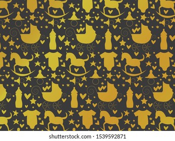 Pattern with baby products, contour icons. Stroller, toys horse for newborns.Colorful vector illustration can use for promotion, advertisement, with text; for kids themes, market and label design.