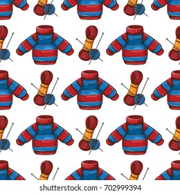 Pattern from baby sweater and knitting needles. Colored seamless illustration isolated on white background