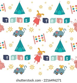Pattern baby toy doll, cubes, mouse, hare. Vector