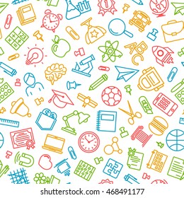 Pattern back to school and education with color thin line icons school supplies on white background.  Vector Illustration