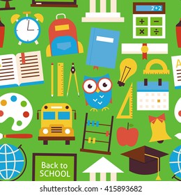 Pattern Back to School Objects over Green. Flat Style Vector Seamless Texture Background. Collection of Science and Education Templates. University and College