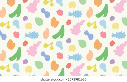 Pattern background with abstract fruits design shapes. Hand drawn illustration vector. Apple, banana, lemon, cherry, berry, pear, pineapple.
