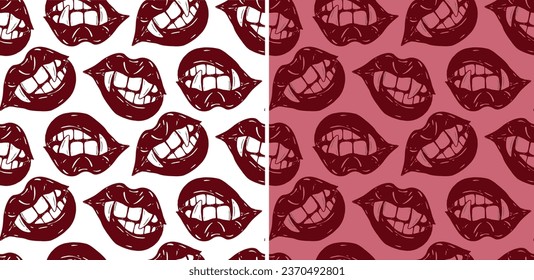 Fondo de patrón con labios brillantes. Vampiros de chica labios con colmillos