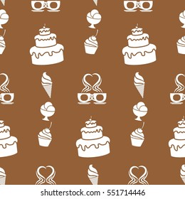 Pattern. Background with cakes, ice cream, coffee, croissant.
