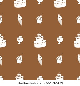 Pattern. Background with cakes, ice cream, coffee, croissant.
