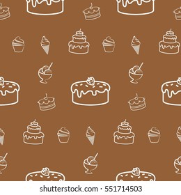 Pattern. Background with cakes, ice cream, coffee, croissant.
