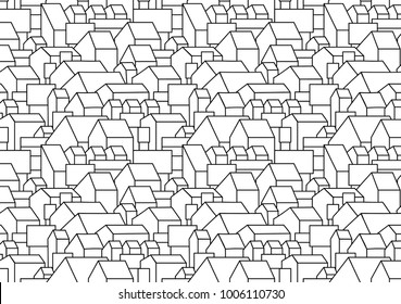 Pattern or background with cartoon houses with gable roofs. City, town, village landscape. Horizontal, album page. Printable. A4 proportions. Vector.