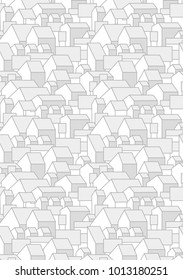 Pattern or background with cartoon houses with gable roofs. City, town, village landscape. Vertical, portrait page. Printable. A4 proportions. Vector.