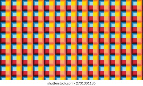 Fundo do padrão. Ilusão da grade de cores. Padrão quadrado vermelho, amarelo azul-preto com profundidade óptica e simetria geométrica