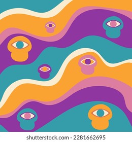 pattern, background with colored waves and mushrooms with eye in psychedelic hippie style.	