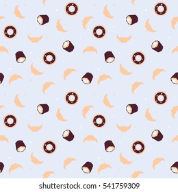 The pattern for the background of croissants,cupcake, donut, vanilla, lavender