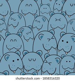 Pattern background cute animal with hippo blue color vector illustration.	