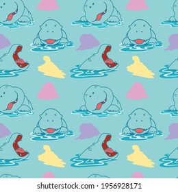 Pattern background cute animal with Hippo blue color vector illustration.
