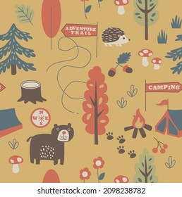 Pattern background cute Bear and  animal camp with beige color vector illustration.