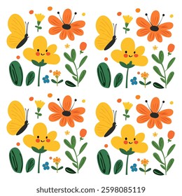Pattern background Cute children's drawing flowers Butterfly Plants