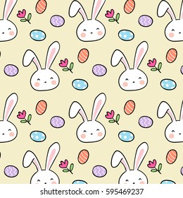 Pattern background of cute rabbit with icon for Easter day on yellow pastel.Doodle style.