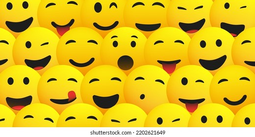 Pattern Background of Dense Crowd of Yellow Emoticons with Various Facial Expressions - Many Winking, Smiling, Laughing, Cheering Happy Positive Emoji - Party People Symbols Texture, Vector Design