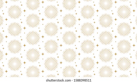 Pattern background design of fireworks in gold color for new year eve. New year poster and greeting card. Decorative pattern design. Minimalist and modern pattern design background